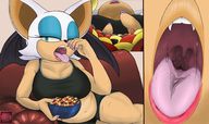 drawing vore large_breasts tongue bat cleavage saliva sitting belly sonic_the_hedgehog fangs unaware open_mouth hedgehog point_of_view rouge_the_bat thick_thighs ill-strator
