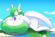 drawing giantess crush pokemon furry giga city color butt clothed cleavage red_eyes huge_breasts breast_crush green_hair gardevoir looming clouds outdoors commission thick_thighs impending_doom confused pale_skin bare_legs lime-knight knj_ex alexis_(lime-knight)