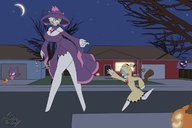 drawing gentle pokemon furry color large_breasts blue_hair yellow_eyes moon green_hair mini_giantess halloween gardevoir walking reaching running night thighs outdoors costume commission pale_skin bare_legs costumed one_eye_covered bentobox jack-o-lantern chloe_(gardevoir) gardi drawinggardi gastly haunter
