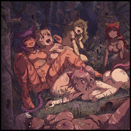 drawing giantess karbo white_hair nude vore blushing tail blonde color large_breasts long_hair tongue saliva purple_hair cat_ears brunette green_hair red_hair lying_down stomach open_mouth giantesses outdoors closed_eyes running_away one_eye_closed