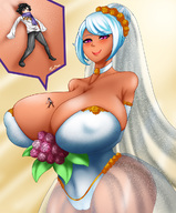 drawing giantess white_hair huge_breasts wedding_dress shrunken_man bride wedding skimpy_clothing fenrox between_breasts