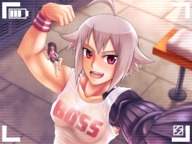 drawing gentle white_hair blushing color clothed red_eyes sweat shrunken_woman indoors flexing looking_at_viewer selfie on_arm thunderafterdark jill_stingray sweatband va-11_hall-a dana_zane