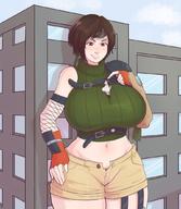 drawing giantess city clothed tifa_lockhart huge_breasts final_fantasy final_fantasy_7 shrunken_woman yuffie thick_thighs between_breasts pinkkoffin