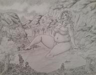 drawing giantess monochrome large_breasts long_hair barefoot cleavage smiling sitting bbw foot_crush thick_thighs j-moto