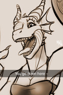 drawing vore furry dragoness horns anthro dragon monochrome tongue text handheld cleavage teasing sketch open_mouth reptile point_of_view looking_at_viewer imminent_vore sharp_teeth scalie snapchat khael