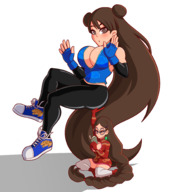 drawing color long_hair cleavage glasses huge_breasts brunette brown_eyes mini_giantess lifting book reading no_background chemical-bro