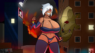 drawing white_hair crush panties destruction handheld cleavage huge_breasts blood smiling gore short_hair outdoors cape pointed_ears bare_midriff paperfacemedia