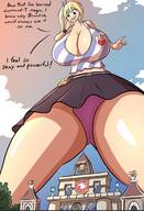 drawing giantess panties upskirt blonde color long_hair cleavage huge_breasts smiling looking_down outdoors fairy_tail lucy_heartfilia caiman2 sidetail