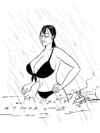 bikini drawing black_hair long_hair destruction clothed cleavage water wet huge_breasts smiling rain looking_down boats outdoors clonecamando1471
