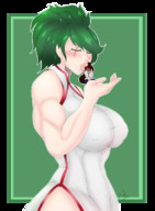 drawing large_breasts handheld green_hair ponytail sitting kissing muscles shrunken_man closed_eyes scar thick_thighs skintight_clothing sheldog12