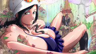 drawing giantess color long_hair destruction blue_eyes nico_robin one_piece cleavage huge_breasts lying_down village hat picojin tontatta