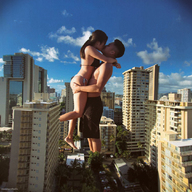 bikini giantess collage city long_hair giant male clothed brunette couple asian short_hair kissing outdoors reverseothello
