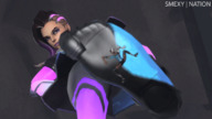 feet low_angle socks foot_crush animation shrunken_woman cruel dark_skin under_foot looking_at_tiny digital_render overwatch sombra smexy-nation symmetra
