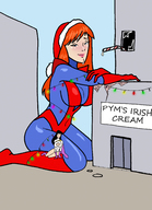 breasts drawing giantess mega black_hair color long_hair crossover cleavage buildings christmas gloves red_hair boots drinking leaning thighs costume lois_lane cape giant_girl straw leotard power_girl santa_hat inspector97 dc_comics mary_jane marvel_comics ci0 fusion