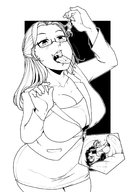 drawing vore blushing monochrome large_breasts tongue handheld cleavage shrunken_woman open_mouth hanging_on