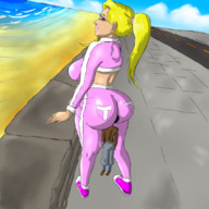 drawing blonde long_hair huge_breasts ponytail mini_giantess looking_down pinned outdoors big_butt between_buttcheeks h3357t