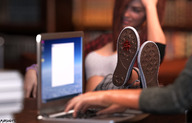 long_hair blood red_hair gore sitting foot_crush shrunken_man shoe_crush indoors under_foot laptop digital_render marshgts