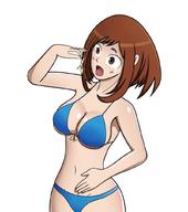 bikini drawing vore brunette short_hair open_mouth dangle upside_down no_background pinched ochako_uraraka
