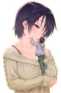 drawing blushing black_hair large_breasts clothed short_hair kissing shrunken_man looking_down hugging no_background on_hand