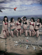 bikini giantess collage black_hair long_hair swimsuit kneeling airplane looking_down giantesses airport kyoujingirls