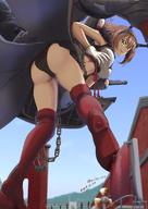 drawing giantess panties upskirt color butt clothed buildings green_eyes brunette low_angle short_hair looking_down thighs outdoors chains looking_back kantai_collection mutsu bare_legs moke_ro