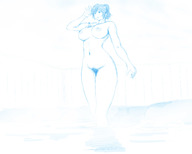 drawing nude monochrome large_breasts short_hair shrunken_man outdoors on_breasts