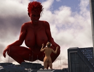 giantess nude city buildings huge_breasts multiple_sizes red_hair short_hair kneeling looking_down giantesses outdoors digital_render vardyger