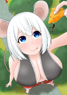 drawing giantess white_hair vore blushing tail color cleavage huge_breasts smiling short_hair cheese looking_up outdoors licking_lips mouse_girl hanging_on mouse_ears orenji