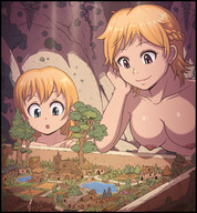 drawing nipples karbo nude city blonde color large_breasts blue_eyes buildings topless purple_eyes smiling short_hair farm shrunken_people looking_down open_mouth shrunken_city cavern looking_at_tinies
