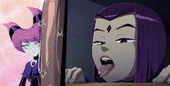 drawing comic color tongue licking saliva purple_hair purple_eyes pink_hair raven teen_titans pink_eyes shrunken_woman open_mouth looking_at_tiny dc_comics pale_skin grey_skin ravenravenraven jinx_(teen_titans)