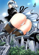 drawing giantess panties upskirt color butt destruction buildings unknown_artist white_panties blindfold source_needed nier_automata 2b nier