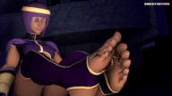 feet black_hair clothed toes barefoot egyptian short_hair chun_li street_fighter foot_play animation shrunken_woman dark_skin between_feet thigh_highs looking_at_tiny digital_render stirrups smexy-nation menat