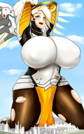 drawing giantess giga wings city blonde color blue_eyes clothed huge_breasts ponytail ripped_clothing mkonstantinov overwatch mercy_(overwatch)