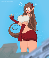 drawing giantess large_breasts long_hair buildings brunette gloves surprised shorts looking_down outdoors hair_bow pointed_ears bare_midriff sallystarchaser