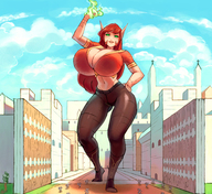 drawing giantess city color cleavage green_eyes huge_breasts red_hair looking_down pointed_ears gareit0