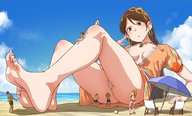drawing giantess panties upskirt large_breasts long_hair beach toes barefoot cleavage soles brunette sitting surprised looking_down outdoors umbrella earrings crowds sliding uru