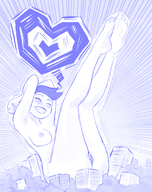 drawing giantess nude blushing monochrome destruction barefoot smiling short_hair sitting heart closed_eyes sunny-d-lite
