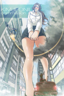 drawing giantess blushing city color long_hair buildings brunette embarrassed looking_down outdoors hoonnak