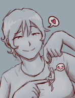 drawing gentle blushing monochrome long_hair handheld finger smiling embarrassed short_hair unknown_artist heart shrunken_man dangle unwilling looking_at_tiny hand_play