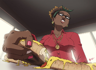 drawing vore large_breasts clothed climbing unaware shrunken_man dark_skin necklace earrings pizza hairband looking_away chewing zerohour99