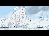 drawing nipples nude furry anthro color blue_eyes handheld barefoot fox fox_ears fox_tail mountains snow vehicles sky looking_at_tiny holmen snow_fox