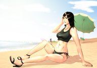 drawing gentle black_hair color swimsuit beach high_heels green_eyes blue_hair sitting shrunken_woman cat_girl kibate giantesssabs