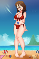 bikini drawing gentle giantess blushing color beach barefoot cleavage green_eyes blue_hair brunette bulge cat_girl looking_at_tiny dakunart giantesssabs trans