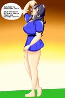 drawing giantess vore black_hair large_breasts long_hair clothed spanish open_mouth dialogue piperock1313
