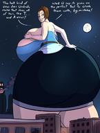 drawing giantess city huge_breasts brunette moon short_hair looking_down jill_valentine outdoors resident_evil big_butt dialogue caiman2
