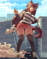 drawing giantess tail city color long_hair destruction blue_eyes skirt brunette stockings boots accident smoke sweater wolf_girl gareit0