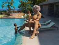 giantess white_hair nude penis brunette sitting pool digital_render vardyger