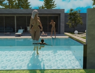 giantess white_hair nude large_breasts penis pubic_hair brunette pool digital_render vardyger