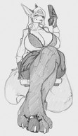 drawing feet furry anthro vixen monochrome large_breasts long_hair toes barefoot cleavage skirt shoes fox in_shoe sitting shrunken_people sketch between_toes toe_ring unbuttoned legs_crossed perenthis thick