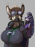 drawing furry anthro color large_breasts armor clothed smiling caught trapped bird jar goggles t-bone looking_at_tiny robomax